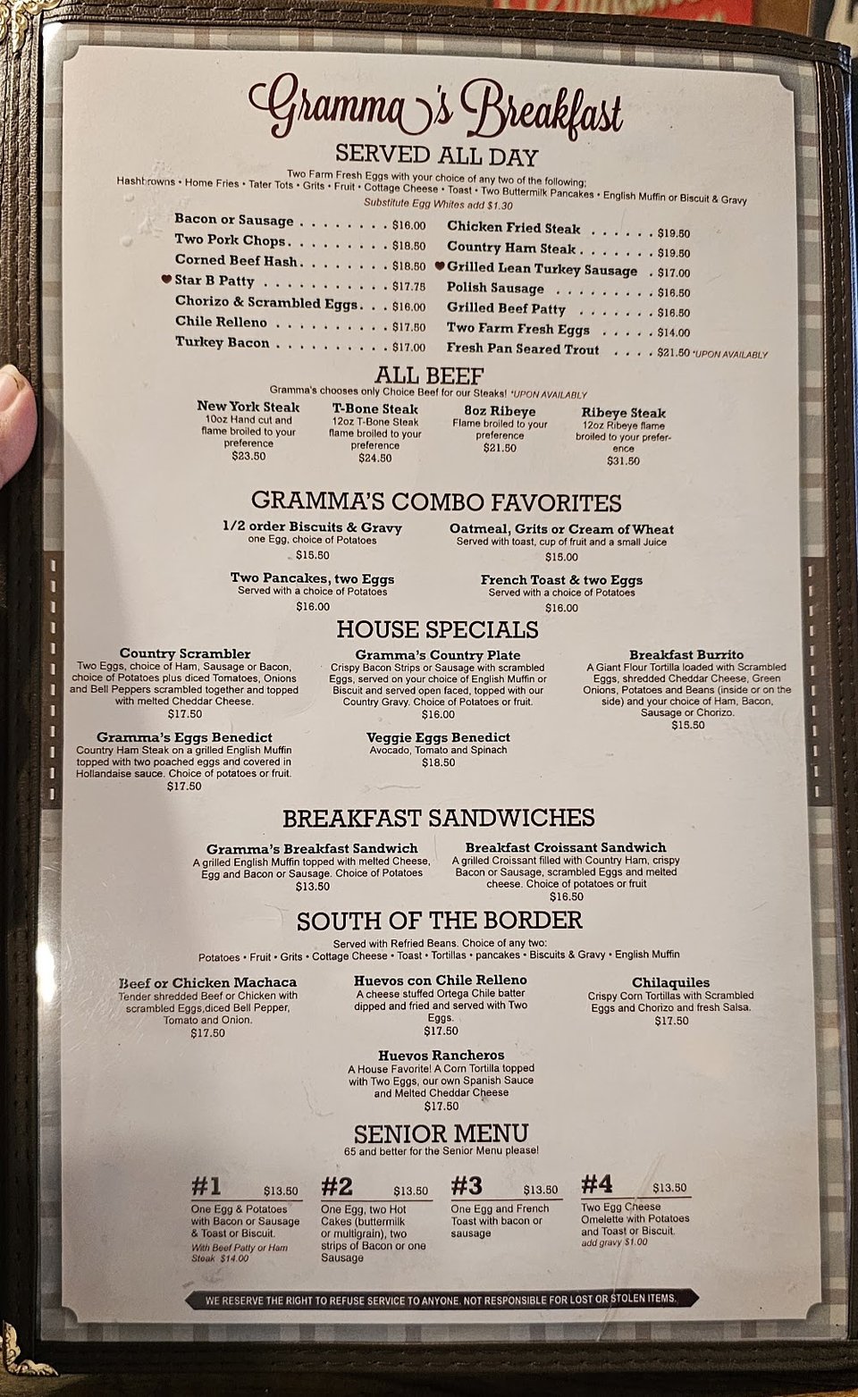 Printed menu pages for American breakfast and lunch.
